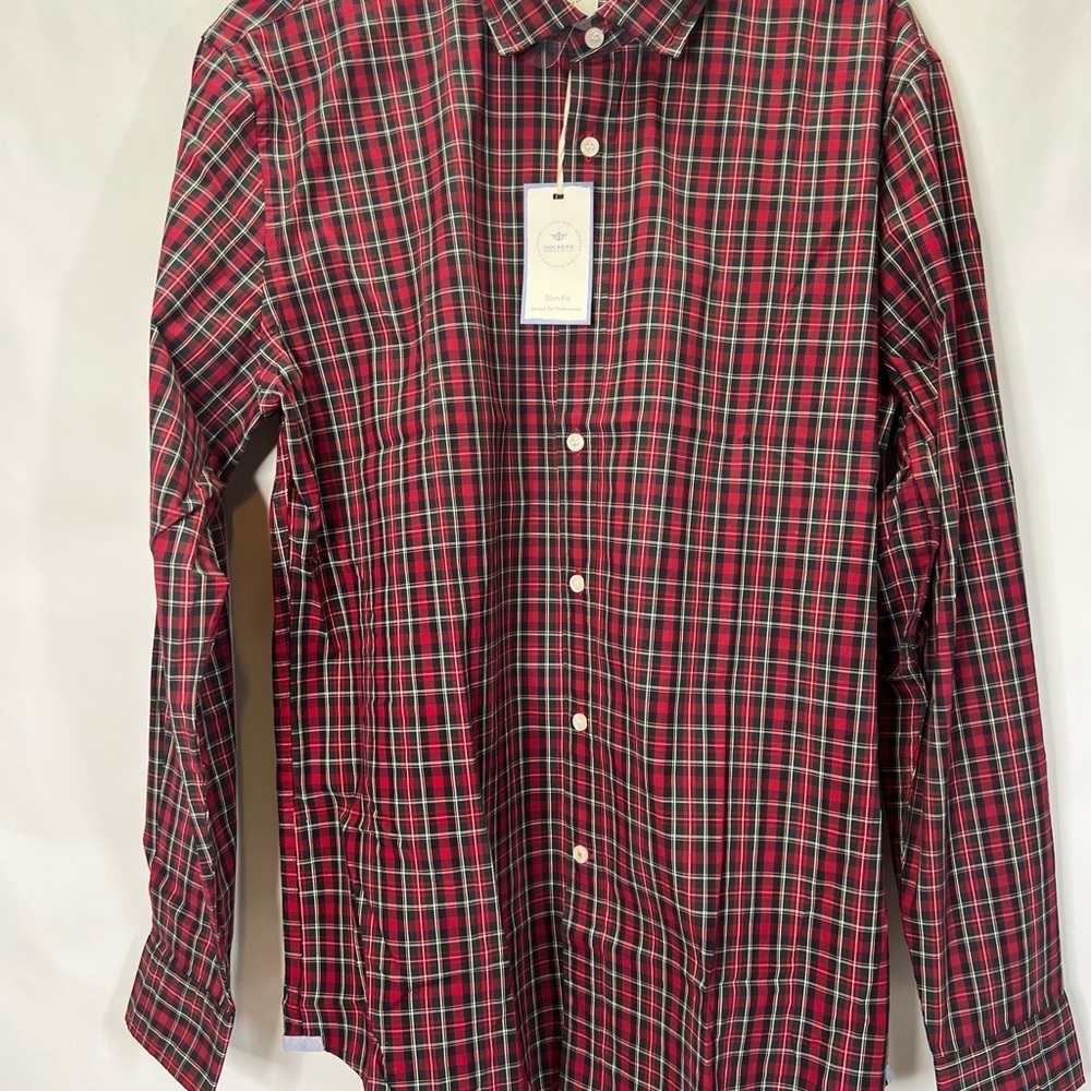 Dockers Men’s Slim fit Red Plaid Button-down Large